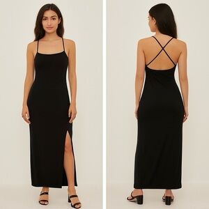 Spaghetti Strap Side Slit Maxi Dress Black Size Medium